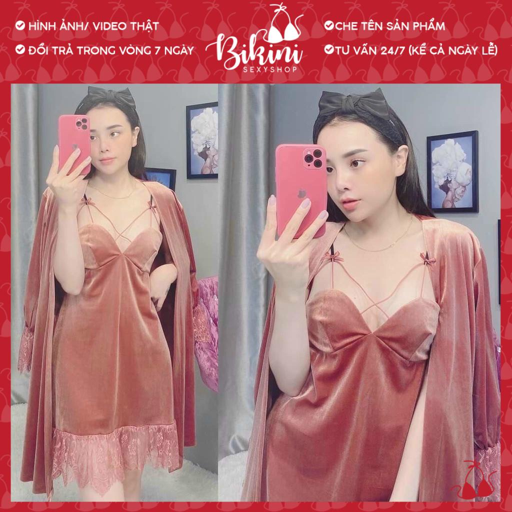 ❣️ SET CHOÀNG VÁY NGỦ NHUNG MỊN QUẢNG CHÂU CAO CẤP ĐAN DÂY NGỰC GỢI CẢM PHỐI REN FREESIZE MÀU ĐEN/ ĐỎ/ TRẮNG/ NẤU SN04