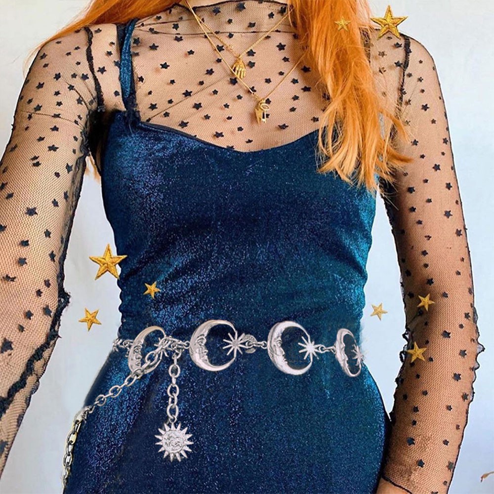 Thắt Lưng Dây Xích Mặt Hình Mặt Trăng / Mặt Trời Thời Trang Cho Nữ