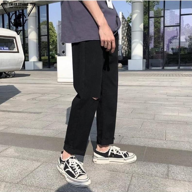 Quần jean, jeans,quần bò đen, baggy, nam,nữ, rách Gấu + Rách 1 gối IMAN RĐ-01 hottrend 2023