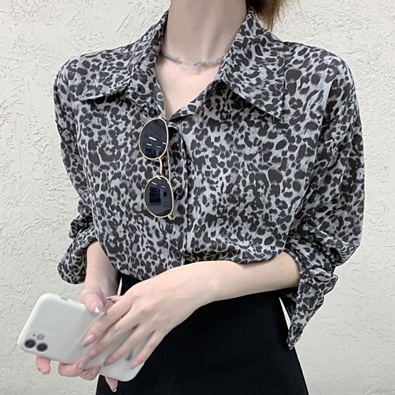 Áo Sơ Mi Dài Tay Dáng Rộng In Họa Tiết Da Báo Kiểu Cổ Điển Hàn Quốc Cá Tính