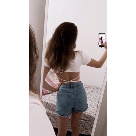 🔮 Áo croptop màu trơn viền ren buộc dây sau lưng trendy phong cách Châu Âu cho nữ /destiny.me/