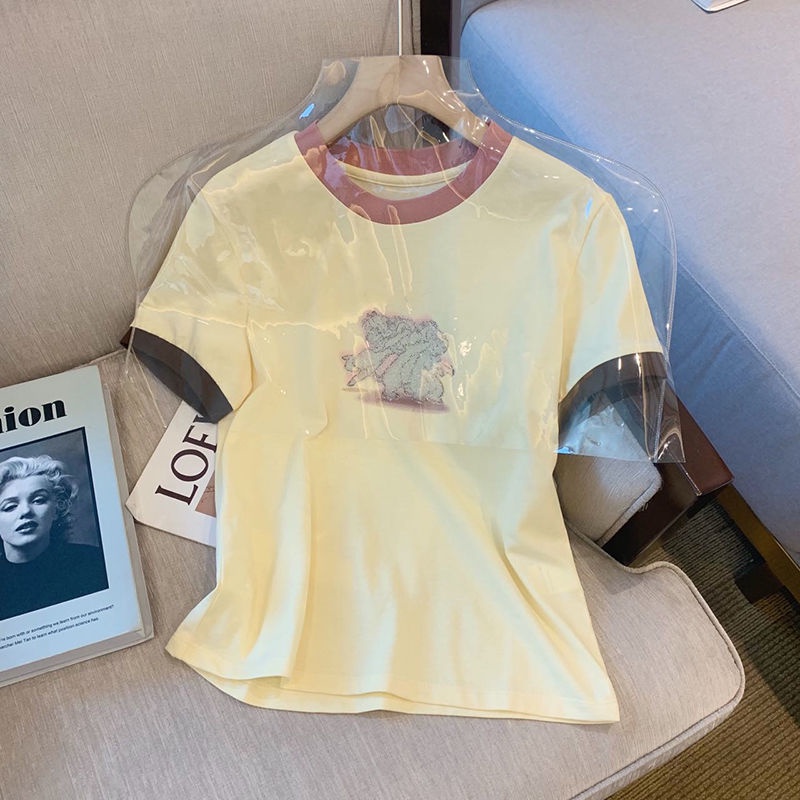 Áo Thun Ngắn Tay Cổ Tròn In Họa Tiết Hoạt Hình Phối Màu Tương Phản Thời Trang Mùa Hè Cho Nữ