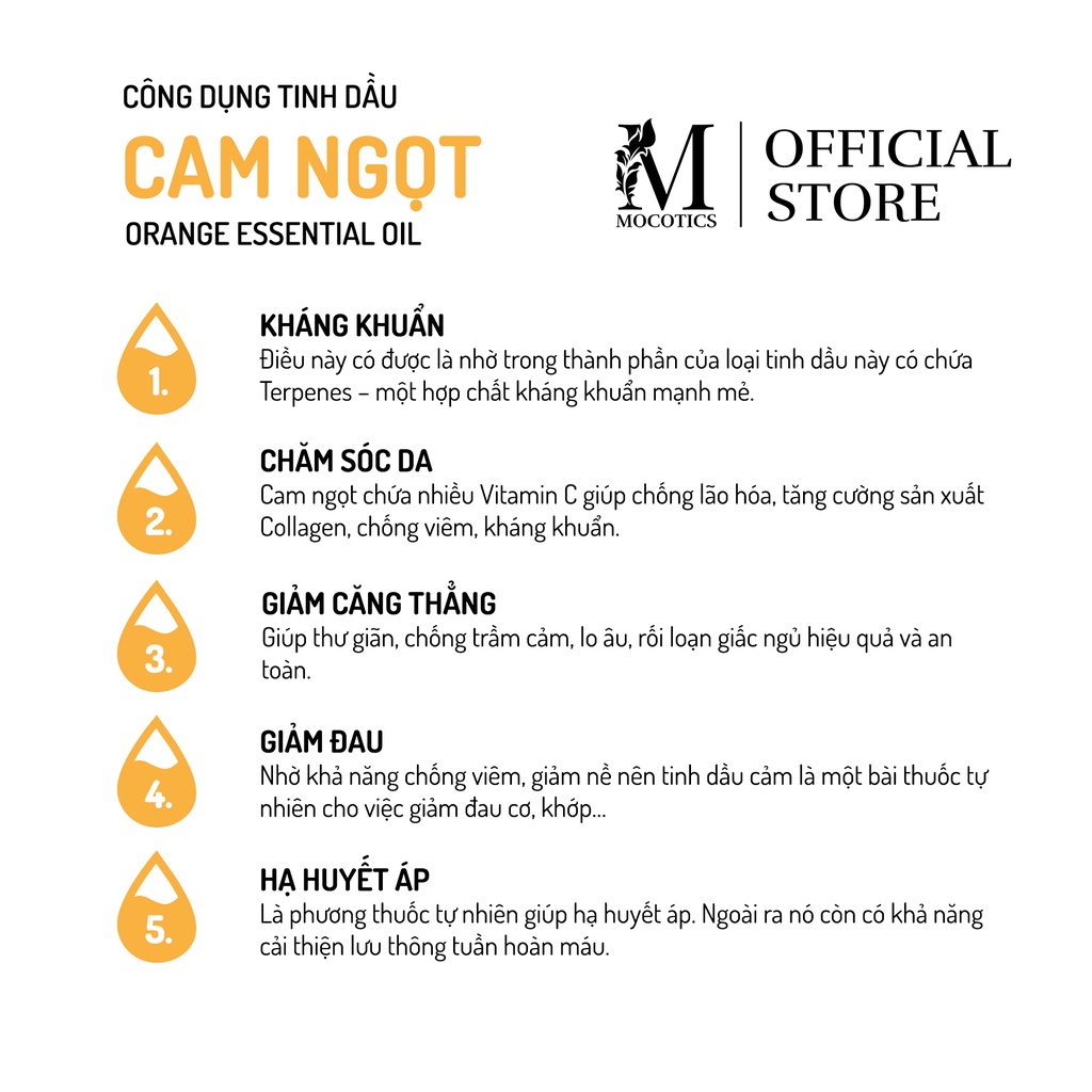 Tinh dầu Cam ngọt MOCOTICS giúp thư giãn, khử mùi, kháng khuẩn, làm sạch không khí, đuổi muỗi hiệu quả