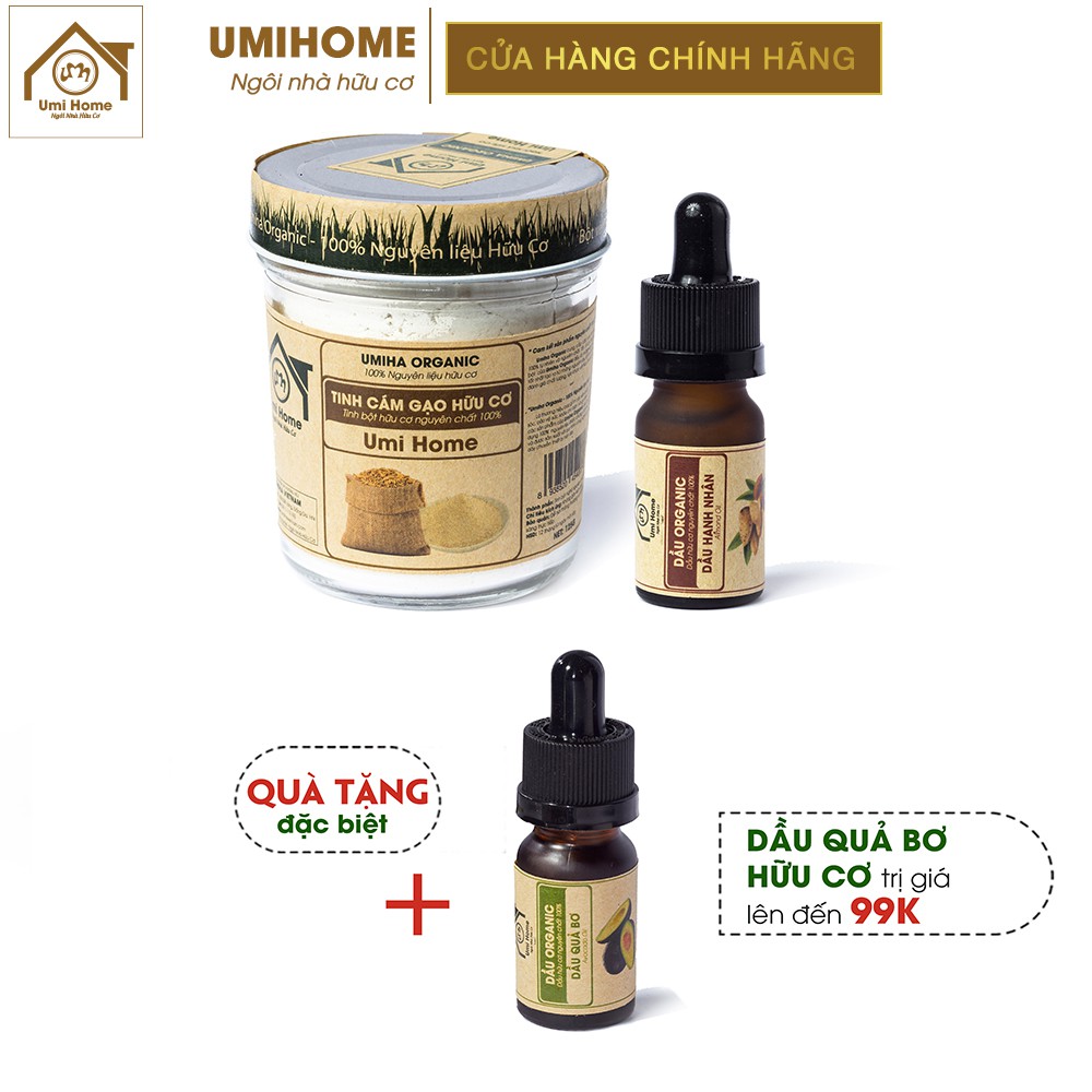 Combo Đắp Mặt Nạ Dưỡng Da, Ngừa Lão Hóa UMIHOME gồm Dầu Hạnh Nhân 10ml và Bột Cám Gạo 125g  - Tặng Dầu Quả Bơ 10ml