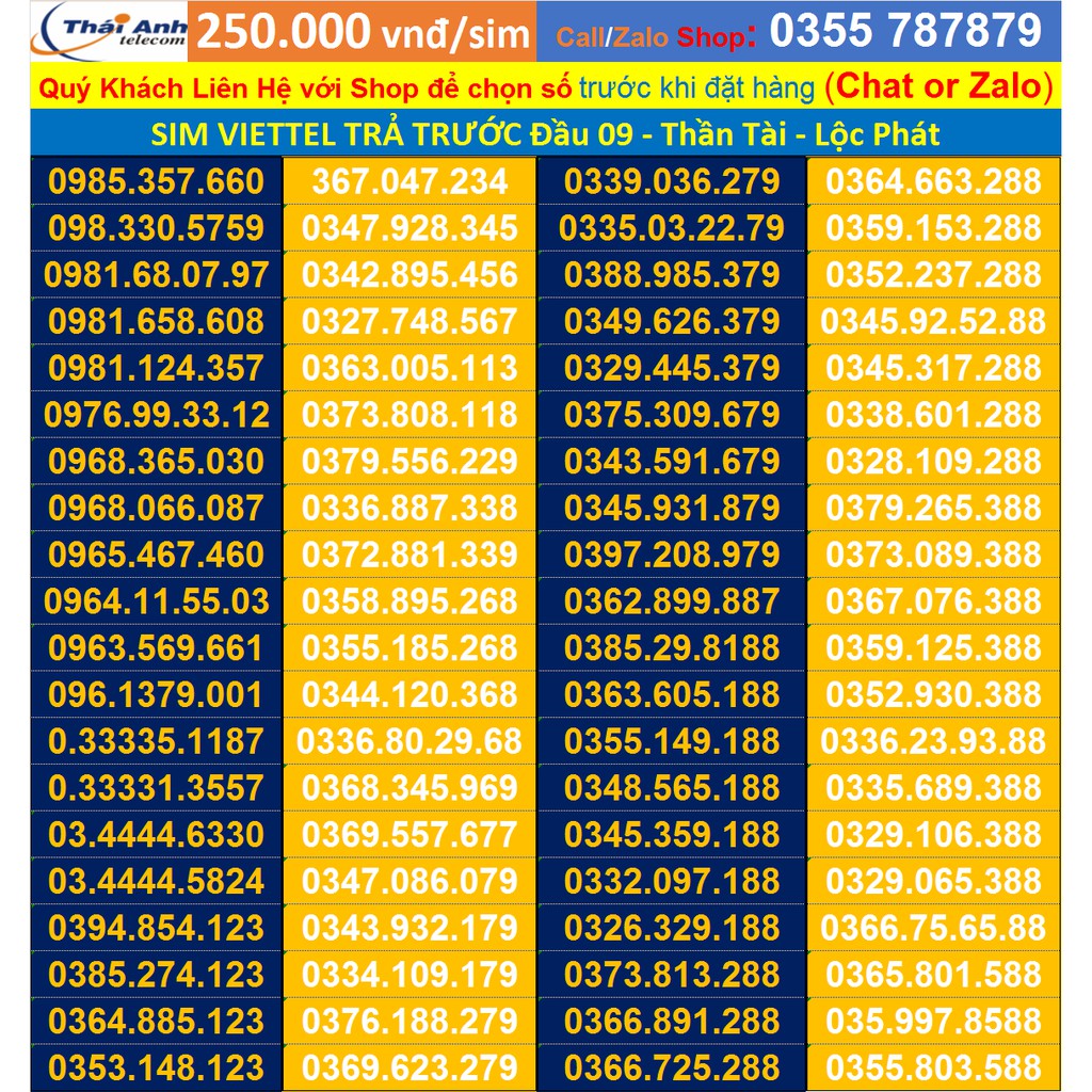 Sim Viettel đẹp trả trước đầu 09, tam hoa, lộc phát gói cước V120, V90 đồng giá 250.000đ