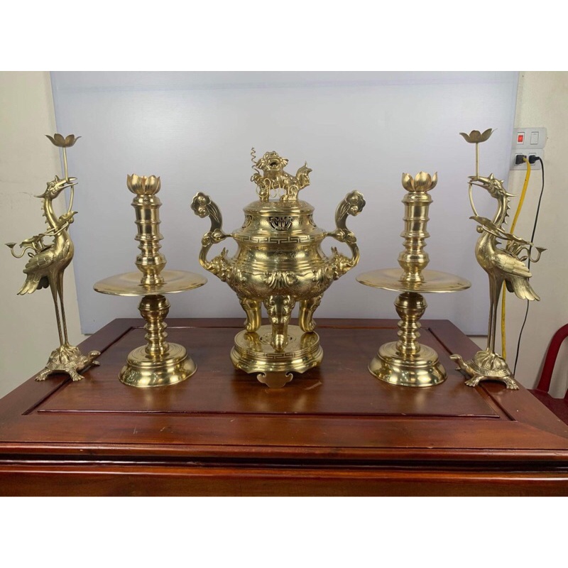 Bộ Đỉnh Thờ Ngũ Sự Ám Hoa Văn Bằng Đồng Vàng cattut Cao 60cm