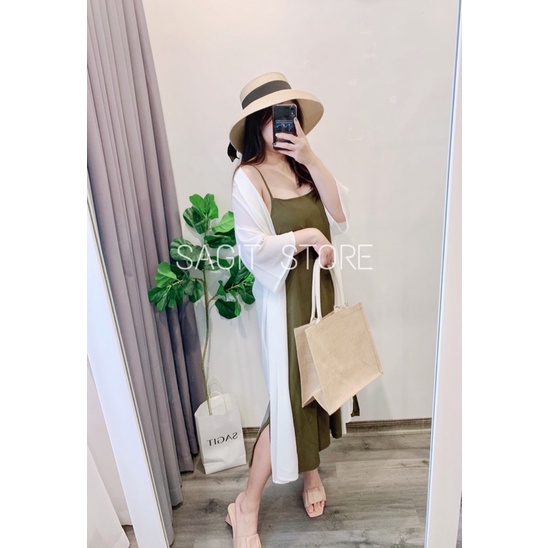 ÁO KHOÁC KIMONO ĐI BIỂN ĐEN TRẮNG DÁNG DÀI RỘNG KÈM ĐAI EO FREESIZE 45-85kg