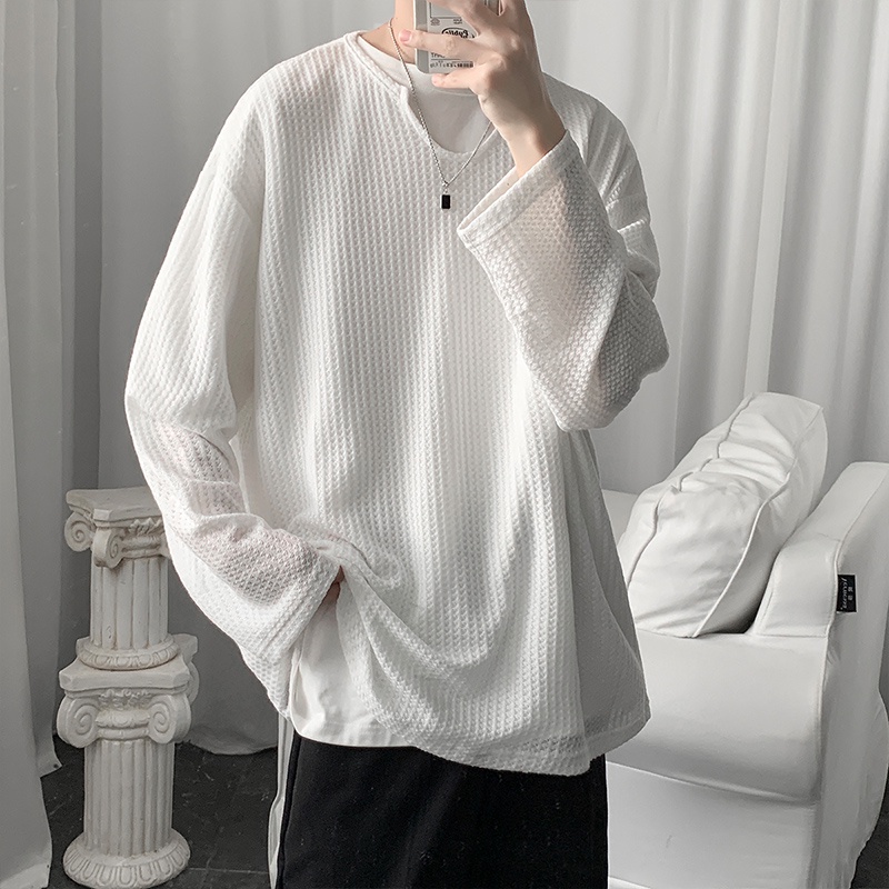 Áo thun unisex vải dệt kim tay dài cổ chữ V thiết kế trẻ trung đơn giản phong cách Hàn Quốc cho các cặp đôi