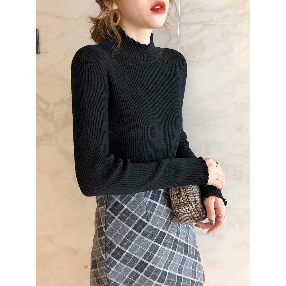 Áo sweater dệt kim màu trơn tay dài xinh xắn cho nữ