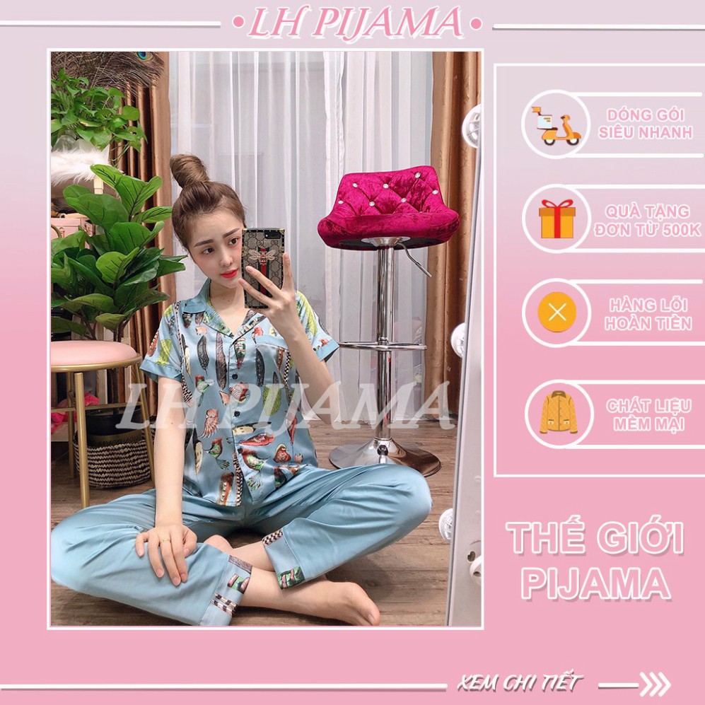 Bộ Pijama lụa nữ mặc nhà tay ngắn quần dài, lụa satin phối họa tiết xinh xắn