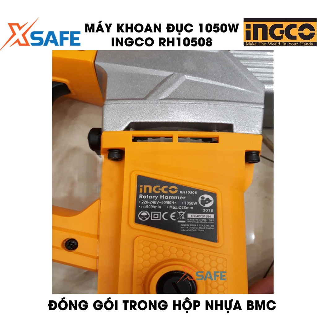 Máy khoan đục 1050W INGCO RH10508 kèm 3 mũi khoan gài, 2 mũi đục tốc độ không tải 900 vòng/phút