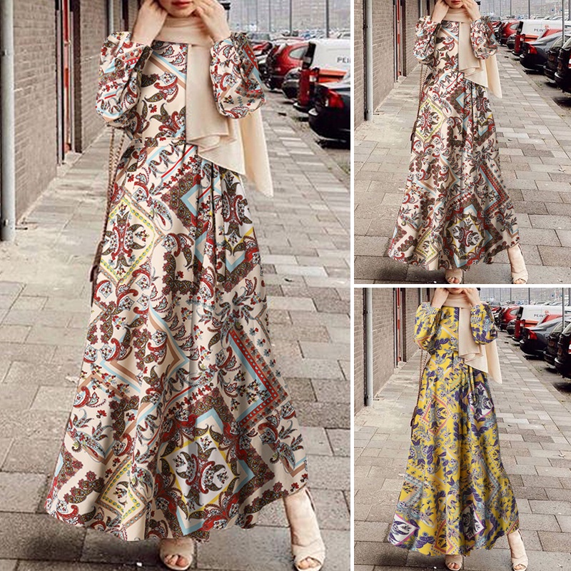 Đầm maxi Zanzea tay dài cổ tròn họa tiết hoa phong cách hồi giáo thời trang cho nữ