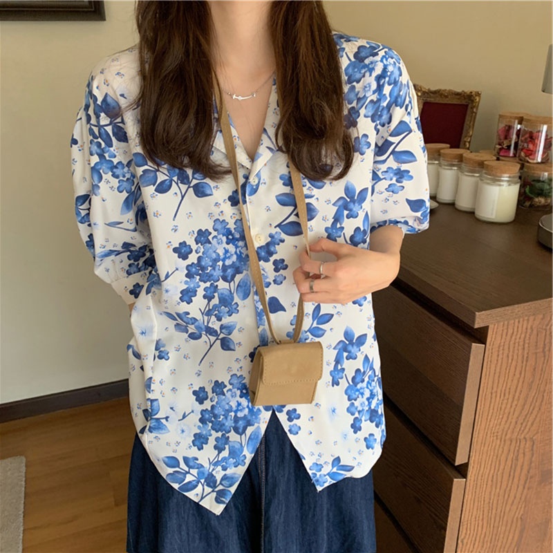 Hong Kong style floral bubble short-sleeved shirt women's summer loose thin design western style retro jacket