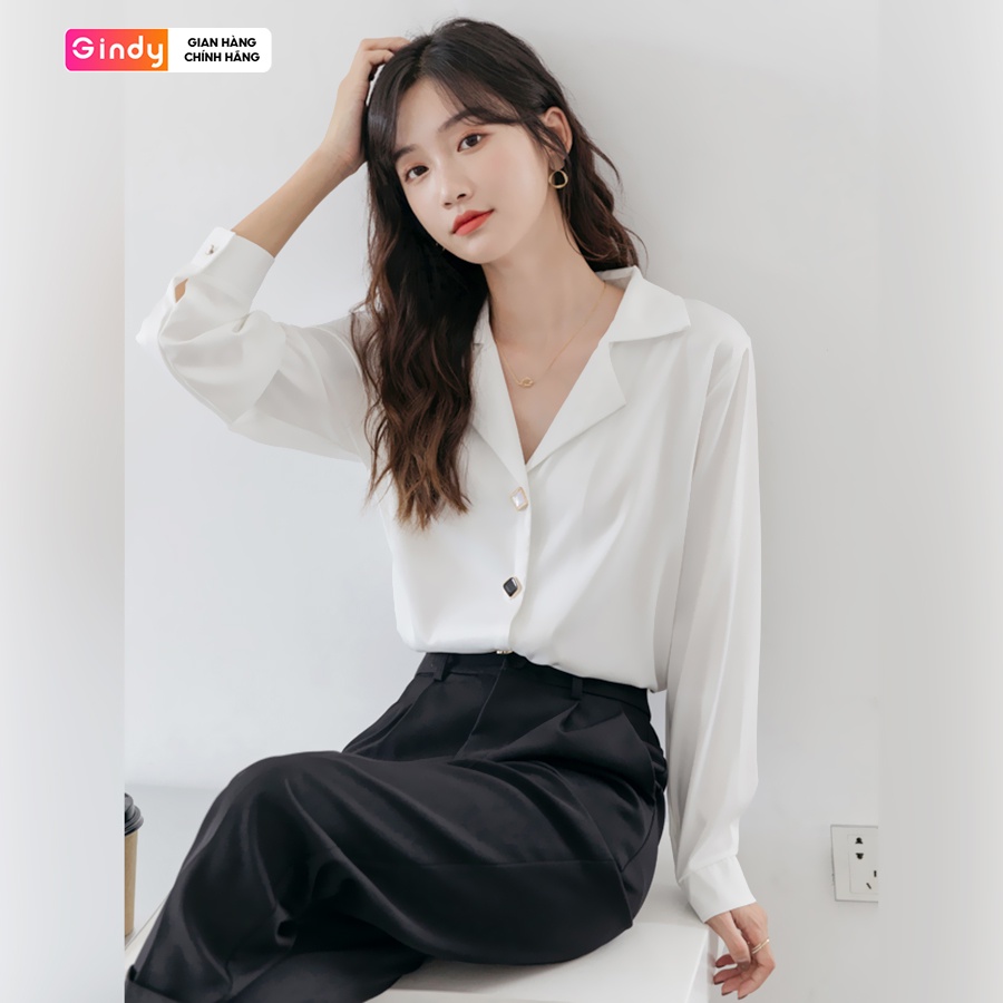 Áo sơ mi lụa ngọc trai GINDY cổ vest cúc đá vuông tay dài dáng basic sang chảnh thời trang xuân hè, công sở A10110