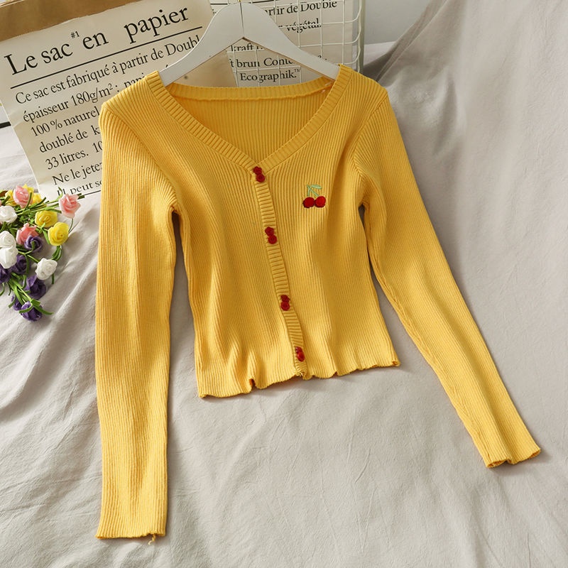 Áo Dệt Kim Tay Dài Cổ Chữ V Thêu Hình Trái Cherry Ngọt Ngào Cho Nữ