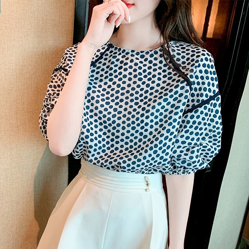 Áo chiffon Tay Ngắn Họa Tiết Chấm Bi Phong Cách Phương Tây Thời Trang Mùa Hè Cho Nữ