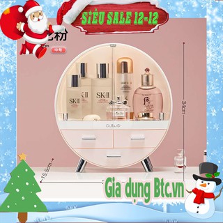 Kệ mỹ phẩm tròn thiết kế nhiều ngăn kéo, có cánh tủ giúp bảo quản mỹ phẩm, chống bụi, chống nước l Kệ mỹ phẩm tròn nhựa