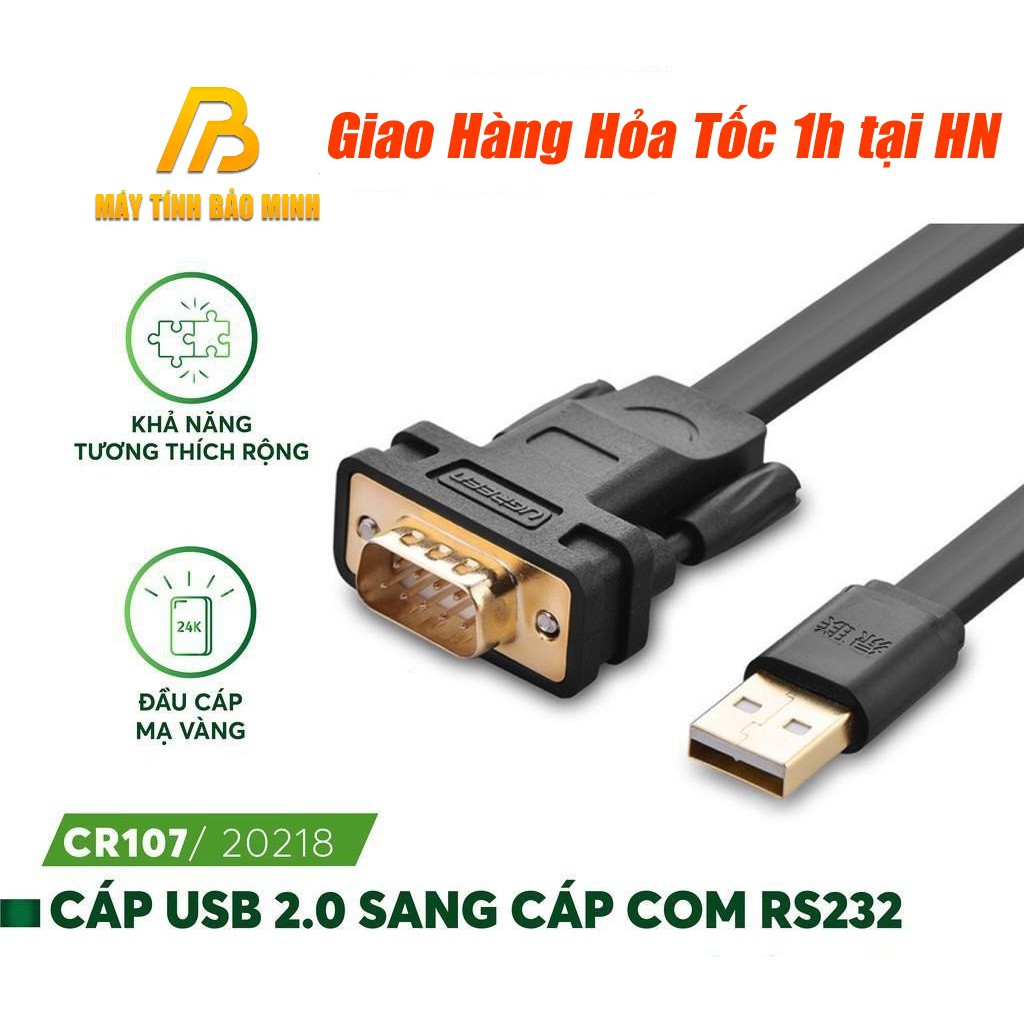 Cáp USB To Com (RS232) Dài 2M Ugreen 20218 (Cáp Dẹt) - Hàng Chính Hãng