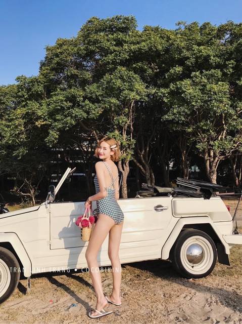 Set bộ bơi liền một mảnh kể caro vintage và áo croptop | BigBuy360 - bigbuy360.vn