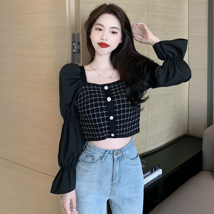Áo Kiểu Nữ Ca Rô Dài Tay Cổ Vuông Hở Eo Thời Trang
