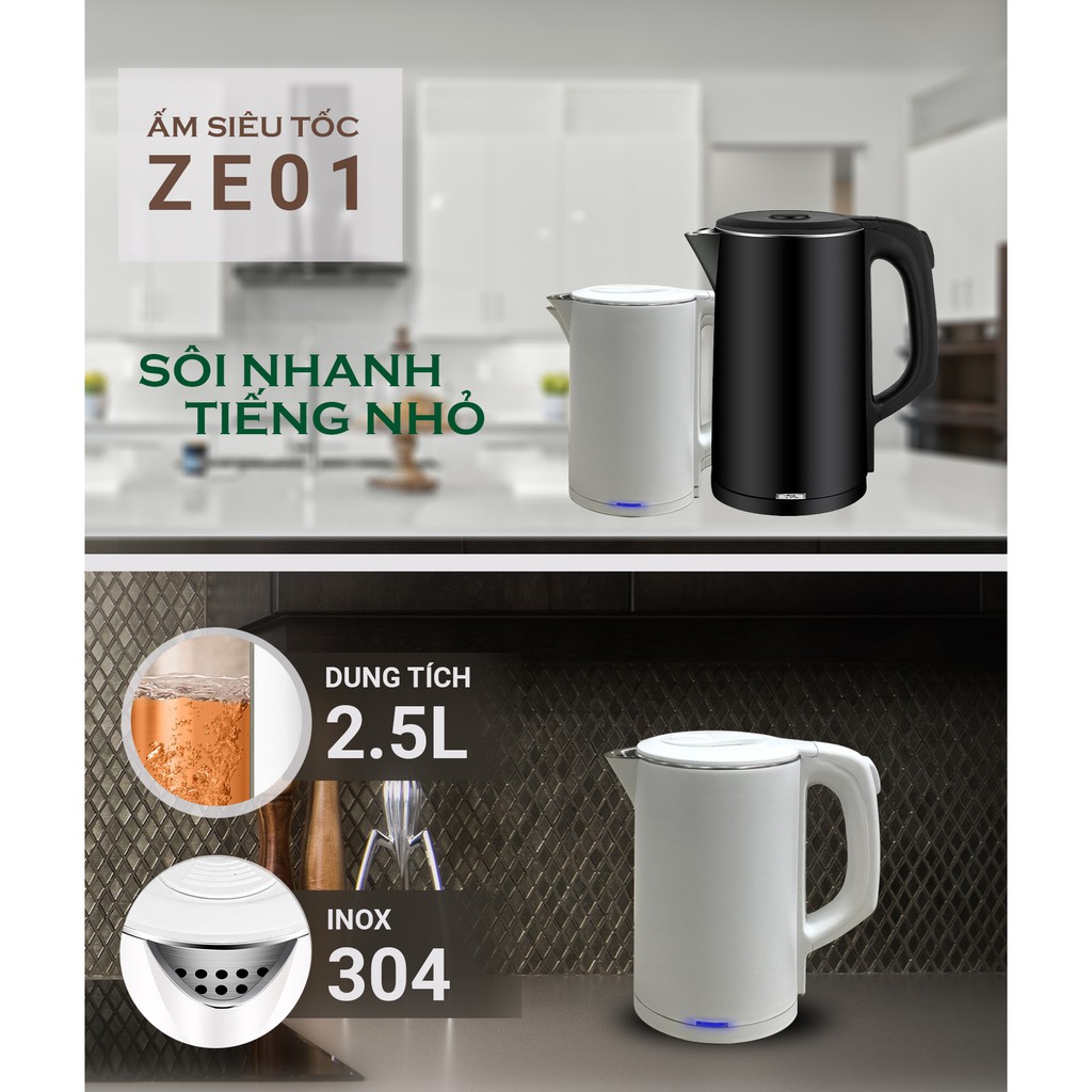 Ấm Đun Siêu Tốc Inox 2 Lớp Zozo Dung Tích Lớn 2L Inox 304 Bảo Hành 6 Tháng 1 đổi 1