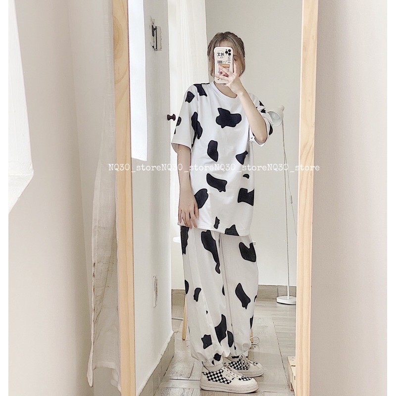 Set quần áo nữ ống rộng họa tiết loang bò sữa thời trang unisex/ Áo thun tay lỡ phối quần jogger chun ống_veestore | BigBuy360 - bigbuy360.vn