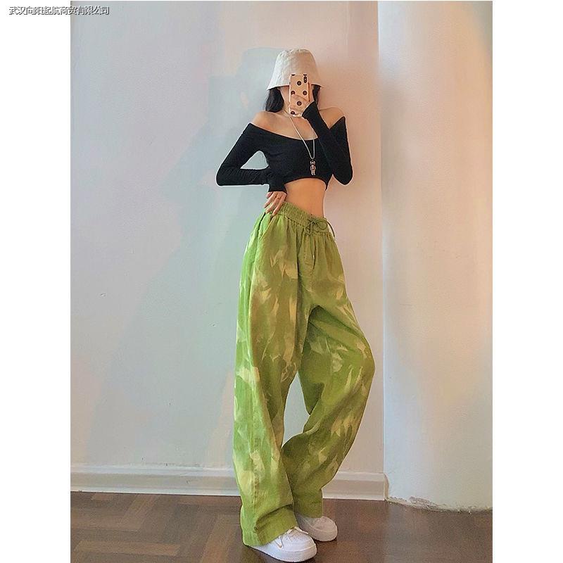 Quần Dài Ống Rộng Lưng Cao Vải Nhung Kẻ Màu Xanh Bơ Phong Cách Harajuku Cá Tính Cho Nữ