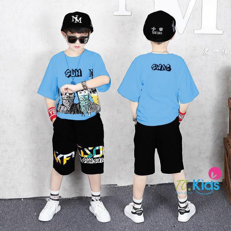 Bộ bé trai phong cách hip hop thun cotton xinh mát 4 màu phối như hình