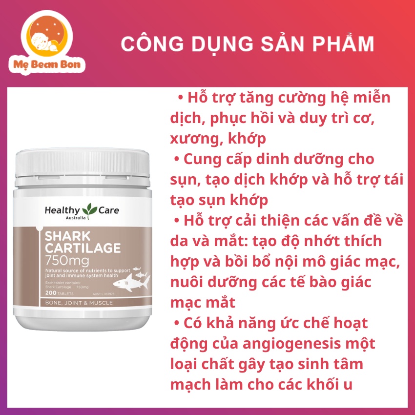 Sụn vi cá mập Healthy Care Shark Cartilage 750mg 200 viên của úc hỗ trợ xương khớp cho người trên 18 tuổi trở lên