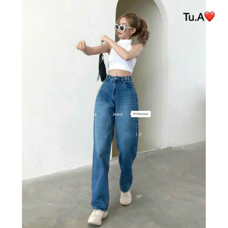 [Mã FAMARAL1 giảm 10K đơn 50K] QUẦN JEAN SUÔNG CẠP CAO MÀU XANH CHO NỮ