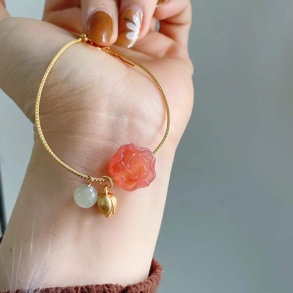 [Hàng Mới] Vòng Đeo Tay Nổi Bật Đính Hoa Sen Đỏ Tươi Tắn Nhỏ Nhắn Mù