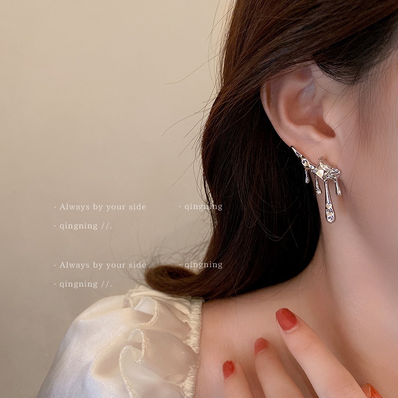 DREJEW Khuyên tai kim loại đính đá kim cương bất đối xứng phong cách thời trang Hàn Quốc cá tính cho nữ