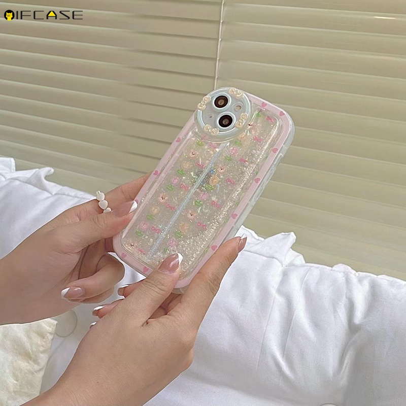 Ốp Điện Thoại Hình Hoa Tulip Thắt Nơ / Trái Tim Phối Cát Lún Lấp Lánh Cho iPhone 13 12 11 Pro Max XS Max XR X