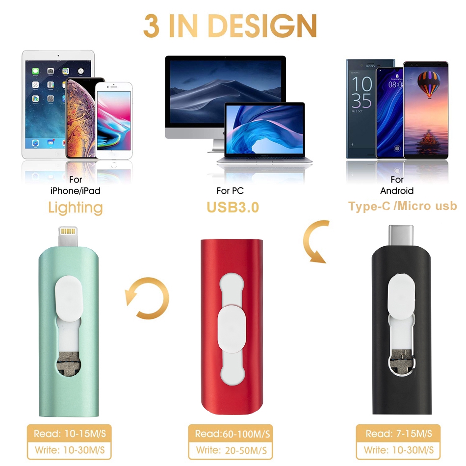 Usb Otg 256gb 128gb 64gb 32gb 3.0 3 Trong 1 Cho Iphone Pc