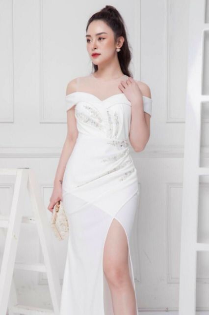 Đầm dạ hội rớt vai kèm ảnh thật tặng hoa tai thời trang xinh xắn | BigBuy360 - bigbuy360.vn