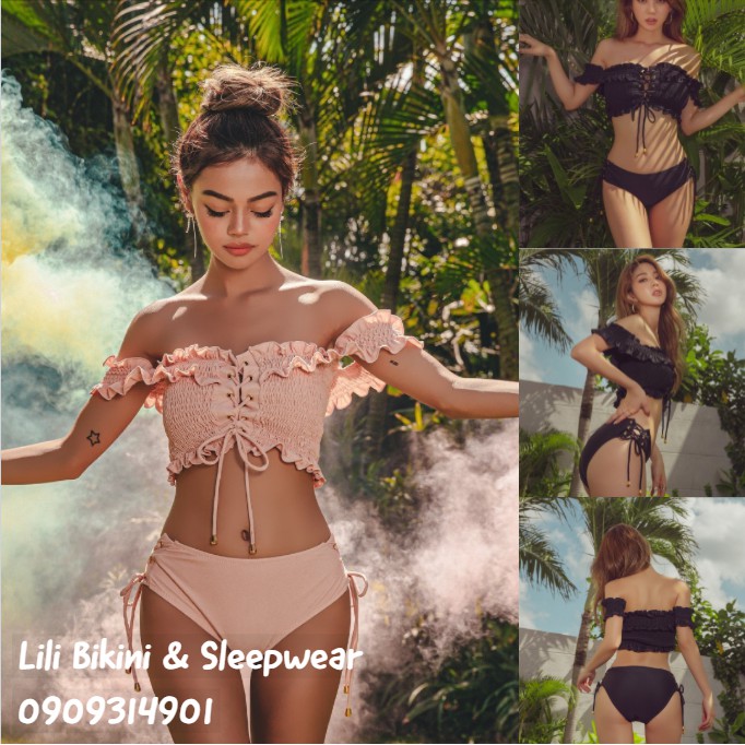 (Có sẵn,big size) Mẫu mới Bikini Hàn Quốc hai mảnh sexy, cột nơ đan dây màu Hồng, Đen phá cách