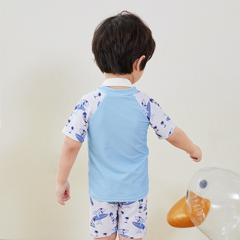 Bộ Đồ Bơi 3 Món Áo Tay Ngắn In Hình Cá Mập Hoạt Hình + Mũ Bơi Dành Cho Bé Trai