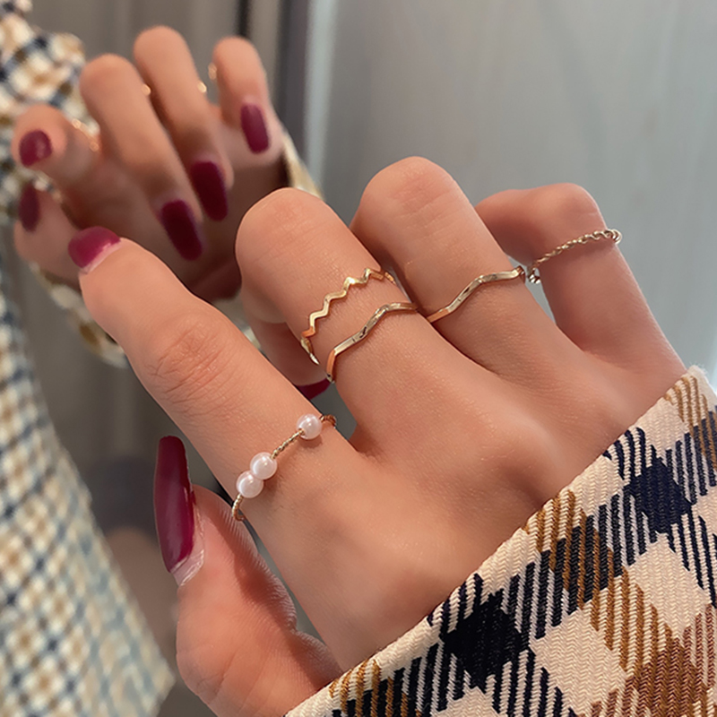 Set 5 Nhẫn Đeo Tay Kim Loại Đính Ngọc Trai Giả Thời Trang Nữ