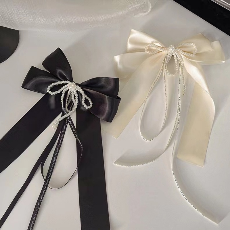 Kẹp Tóc Nơ Ruy Băng Đính Hạt Ngọc Trai Phong Cách Hàn Quốc