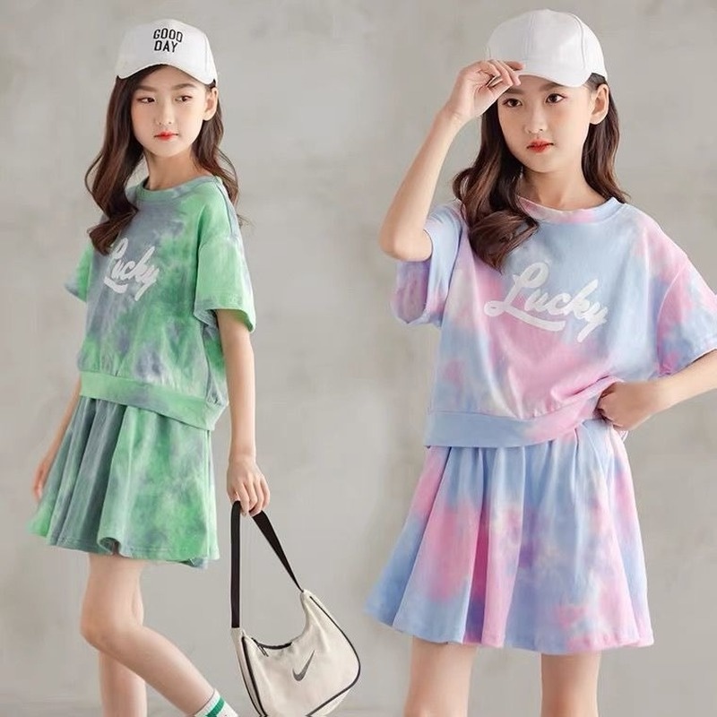 Set áo thun tay ngắn phối quần Short nhuộm màu thời trang mùa hè cho bé gái