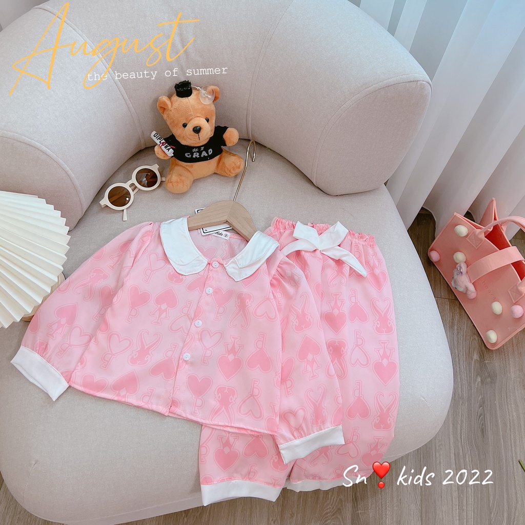 Pijama cho bé, pijama lụa satin cổ 2 tầng bèo nhiều hình dễ thương cho bé gái 20-35kg