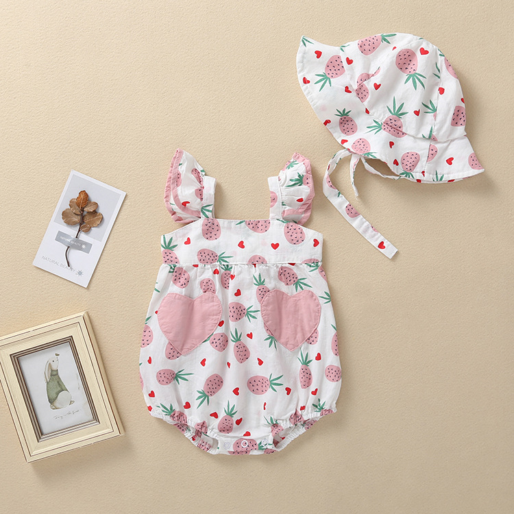 Newborn Baby Girl Romper Kids Lovely Fruit Jumpsuit Sleeveless Bodysuit Clothes+ Hat Set