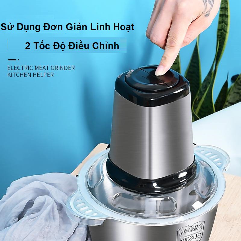 Máy Xay Thịt Cối Inox 4 Lưỡi Đa Năng, 2 Tốc Độ, Công suất 250W- Xay thịt, xay tỏi ới, xay rau củ quả, BẢO HÀNH 12 tháng