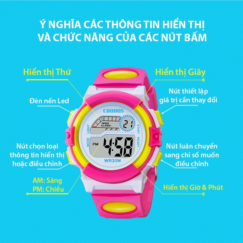 Đồng Hồ Trẻ Em COOBOS 0916 Chính Hãng, đồng hồ điện tử thể thao chống nước 30m cho bé trai &amp; bé gái