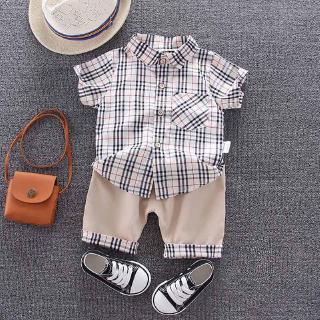 Set Áo Sơ Mi Ngắn Tay Và Quần Short Trơn Màu Dành Cho Bé Trai
