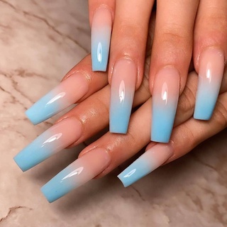 (hàng Mới Về) Móng Tay Giả Dài Màu Xanh Dương Chống Nước Dễ Tẩy Trang