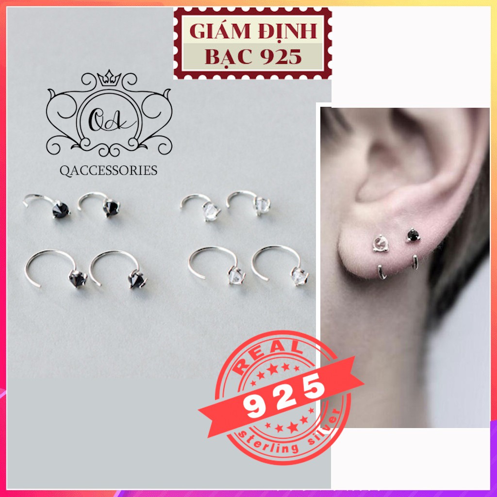 Khuyên tai bạc móc bông tai nam nữ chữ C đính đá 3 chấu đen trắng kẹp vành S925 EARCUFF Silver Earrings QA SILVER