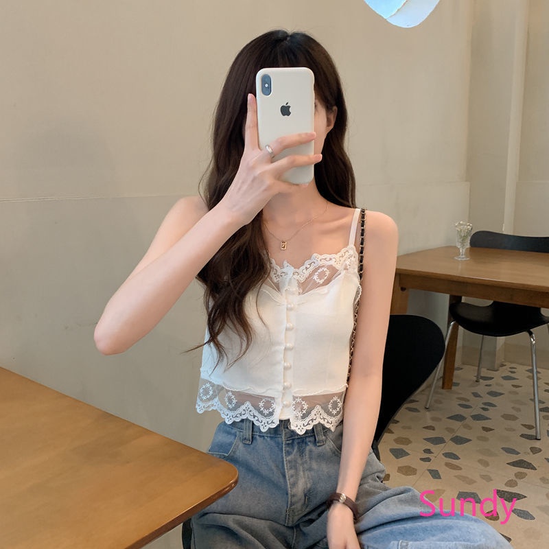 Áo Hai Dây Dệt Kim Phối Ren Thời Trang Mùa Hè Quyến Rũ Cho Nữ