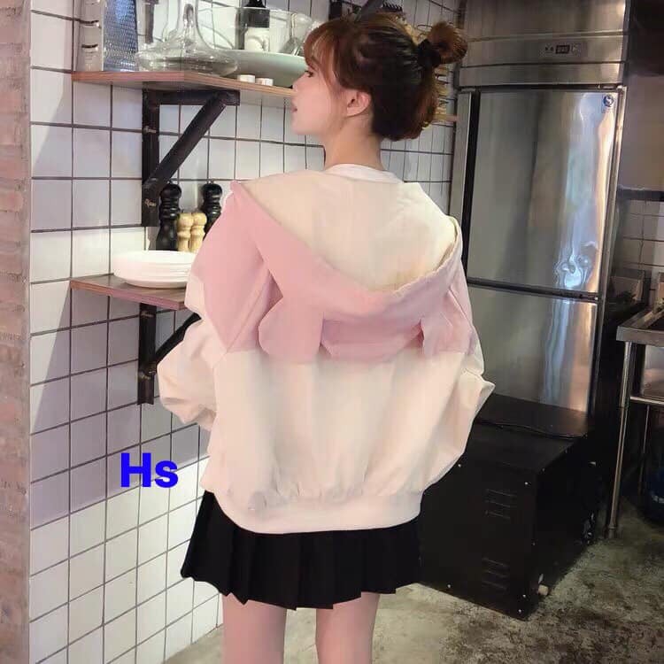 Áo khoác kaki túi nắp có mũ trùm tai thỏ bản rộng dễ thương