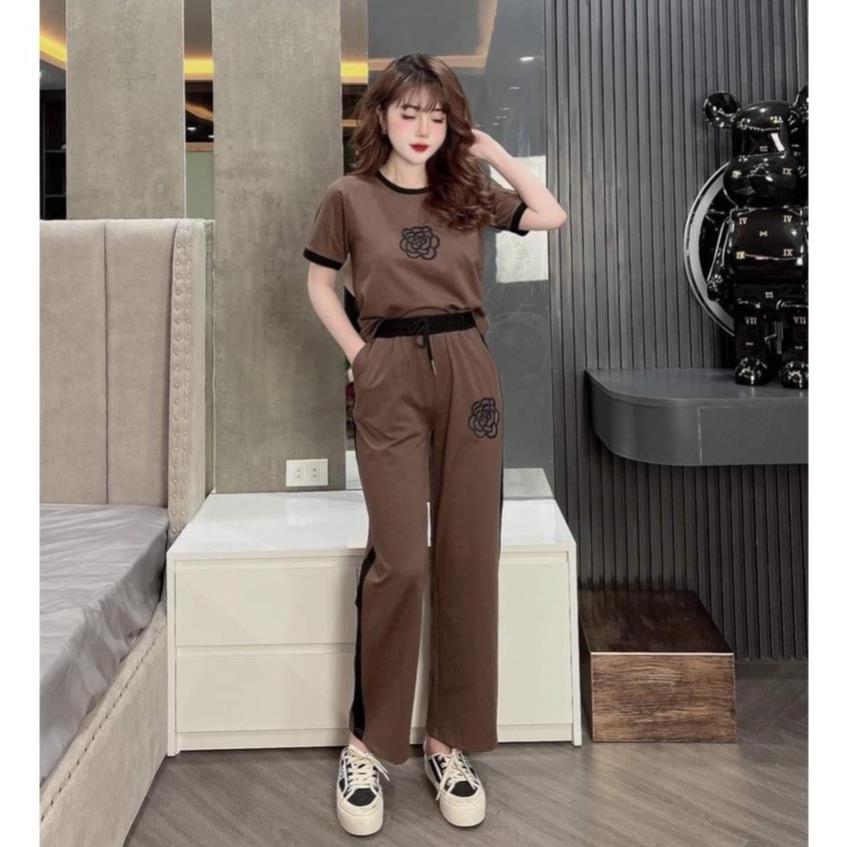 Đồ Bộ Thun Cotton Nữ Quần Dài, Set Đồ Nữ Áo Form Rộng Quần Ống Suông Thêu Hoa Chất Thun Cotton Đủ Size Từ 45-70kg.